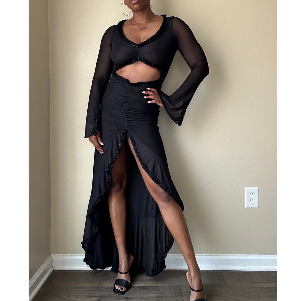Afrm Black Long Sleeve Front Cutout Mesh Maxi Dress Size Small